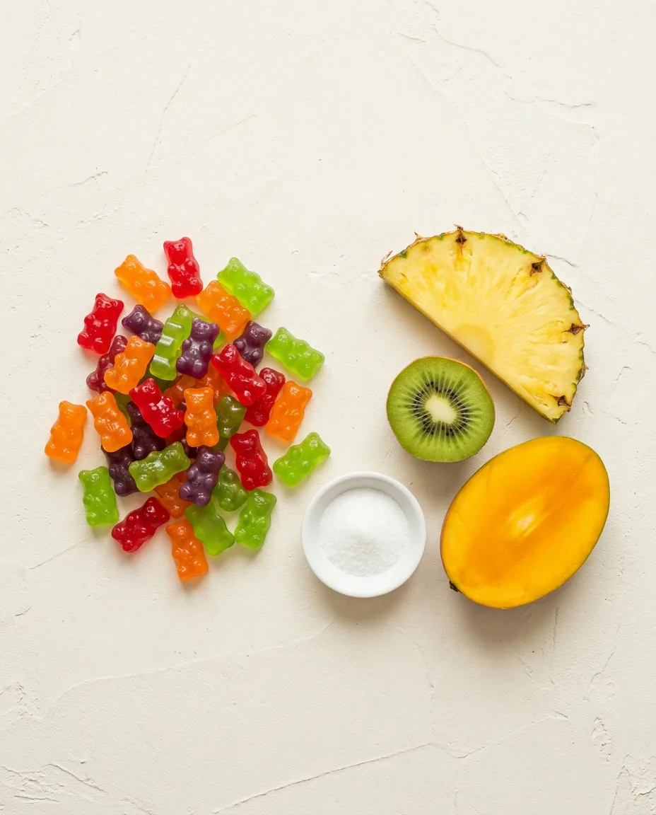 Gummy bears beside fresh pineapple, kiwi and mango