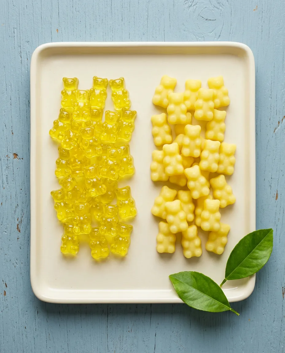 Clear glassy yellow gummy bears beside a cloudy opaque batch on a pale cream tray