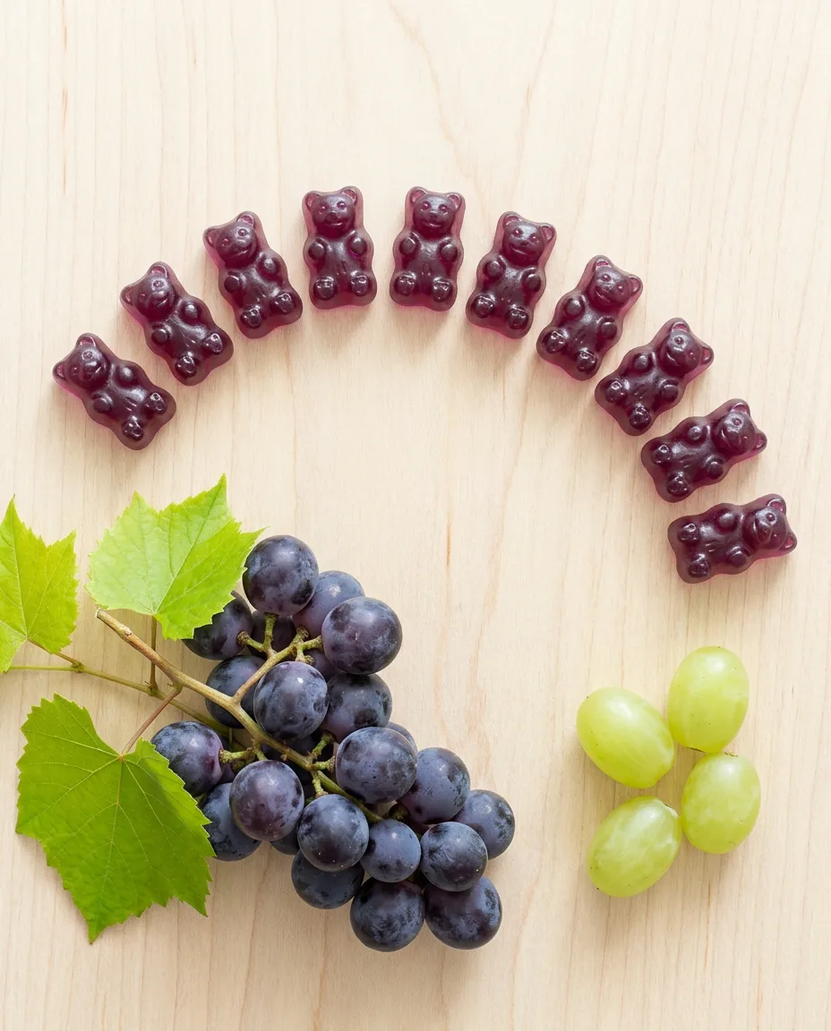 Purple grape gummy bears in a curved line on pale birch beside dark Concord grapes and pale green table grapes