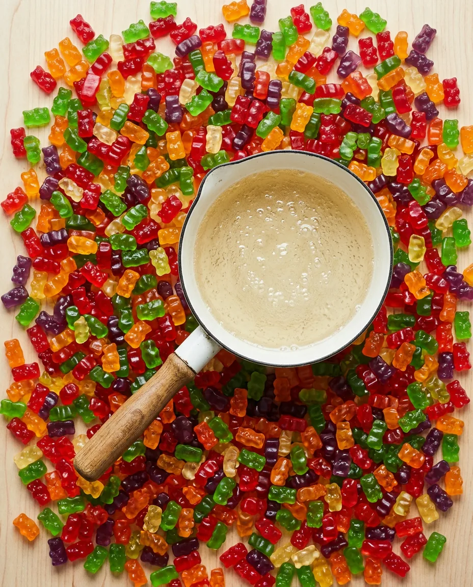 A small pan of sugar syrup ringed by colourful gummy bears