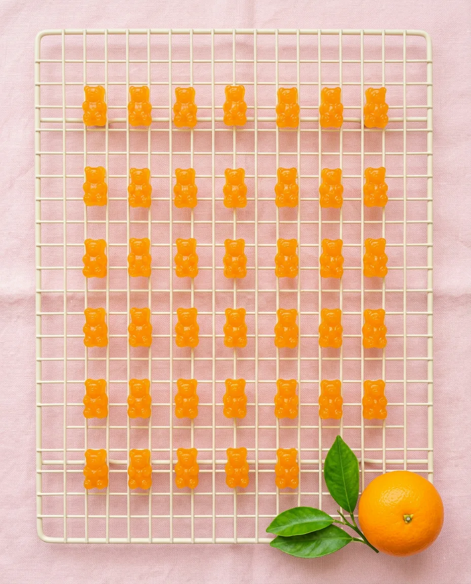 Orange gummy bears spaced out to cure on a pale wire rack over a soft pink cloth