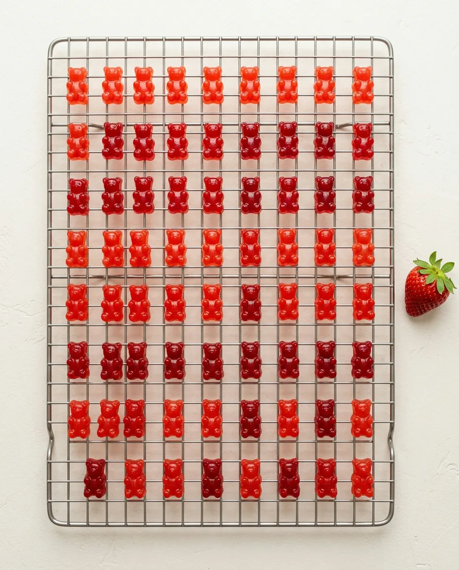 Red strawberry gummy bears spaced apart in rows on a stainless steel wire cooling rack