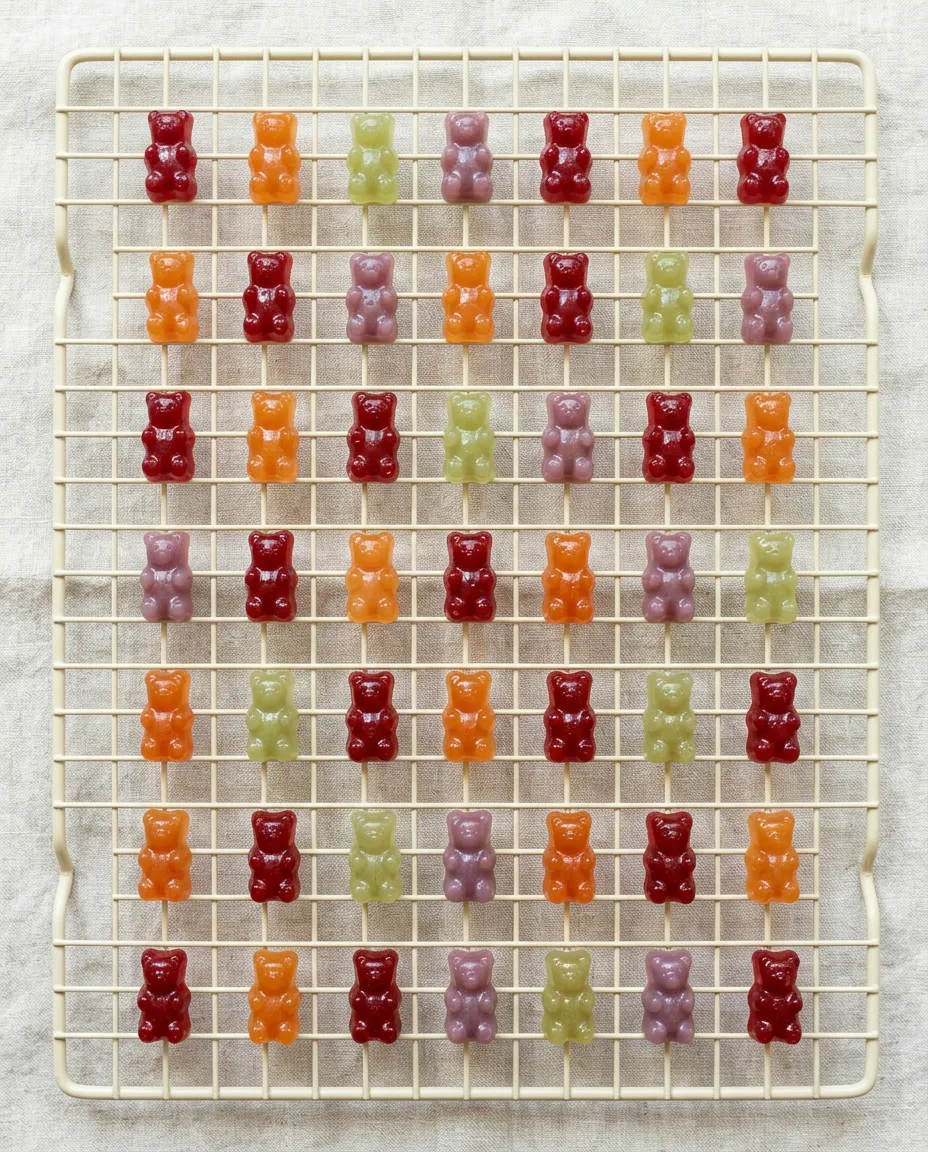 Coloured gummy bears spaced out in rows on a pale wire rack to cure