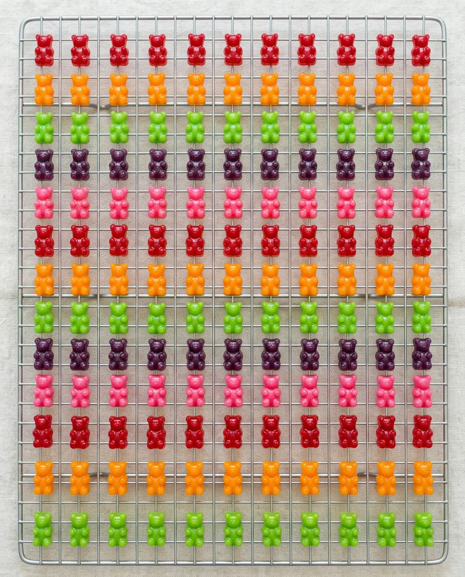 Gummy bears drying in spaced rows on a wire cooling rack