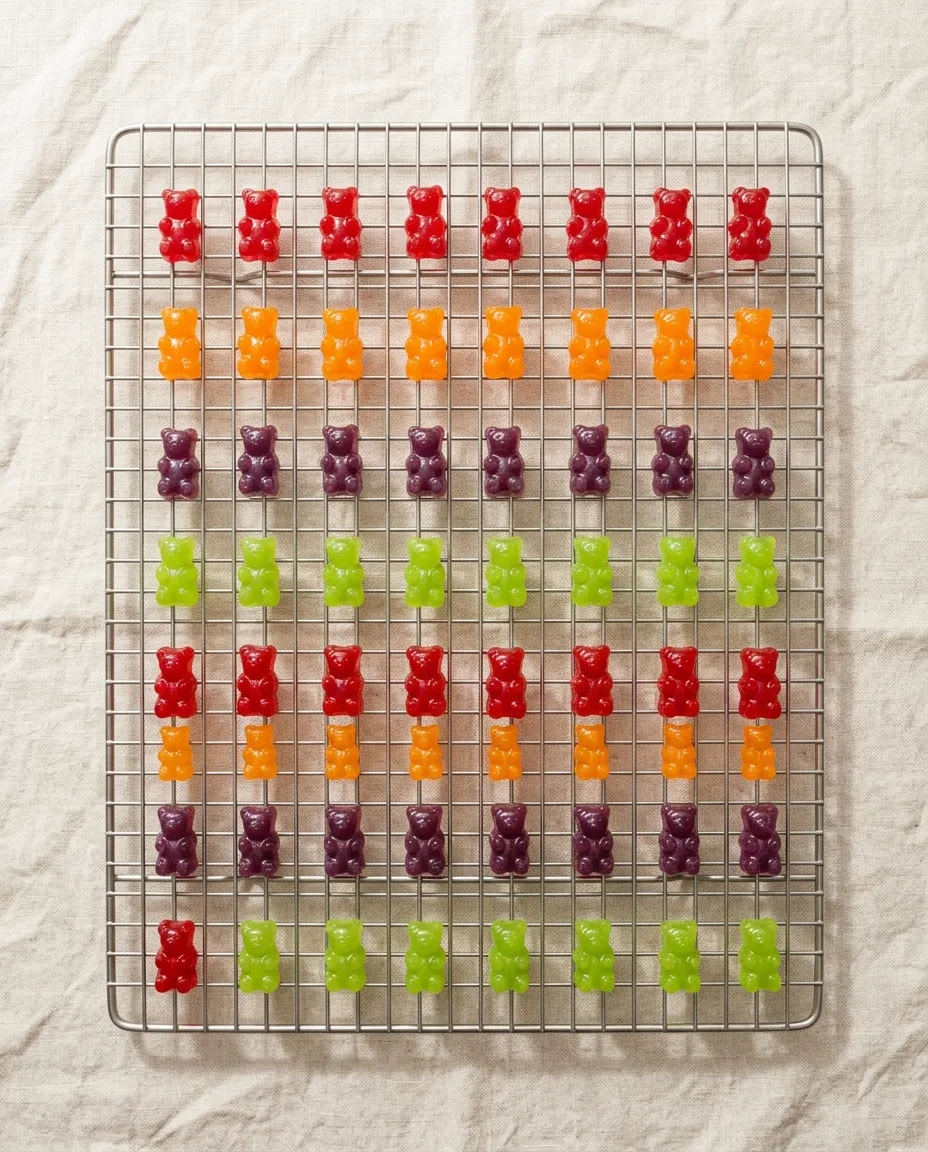 Gummy bears drying in rows on a wire rack