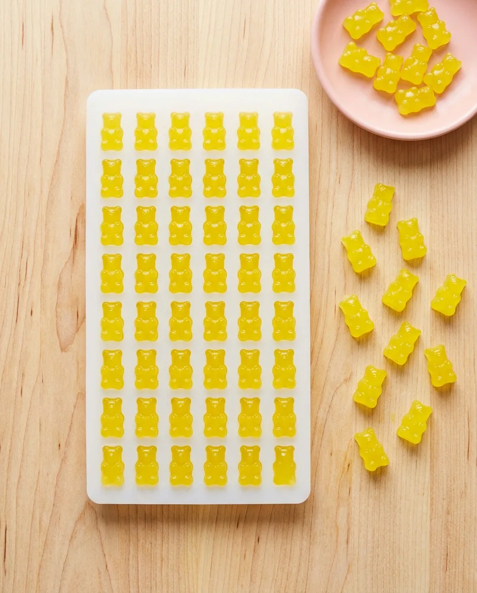 Set yellow gummy bears in a white silicone bear mould with finished bears scattered on the board beside it