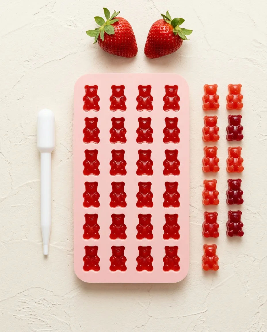 A pink silicone bear mould with cavities filled with red gummy mixture and finished bears standing alongside