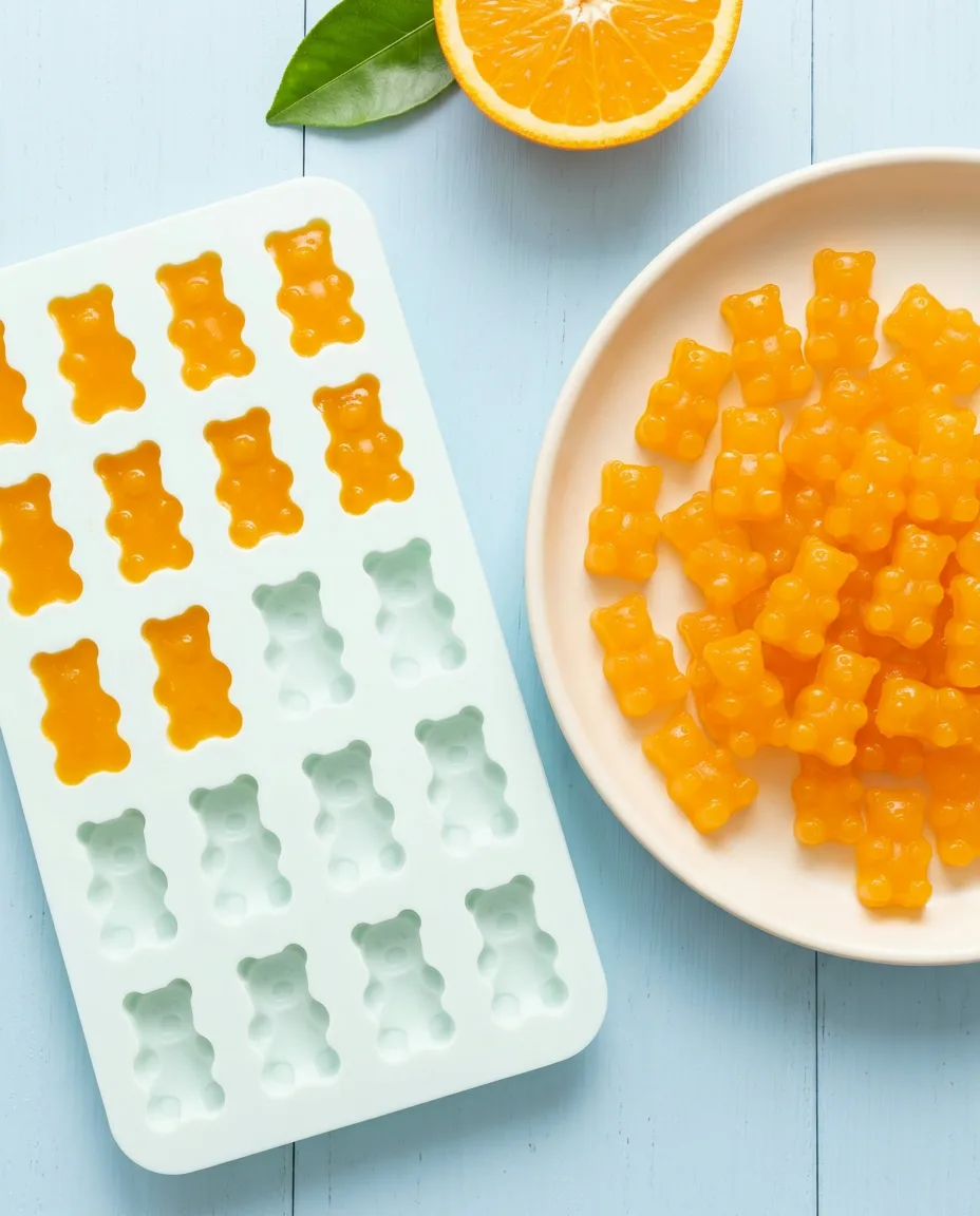 Bright orange mixture filling half the cavities of a pale silicone bear mould beside a dish of finished bears