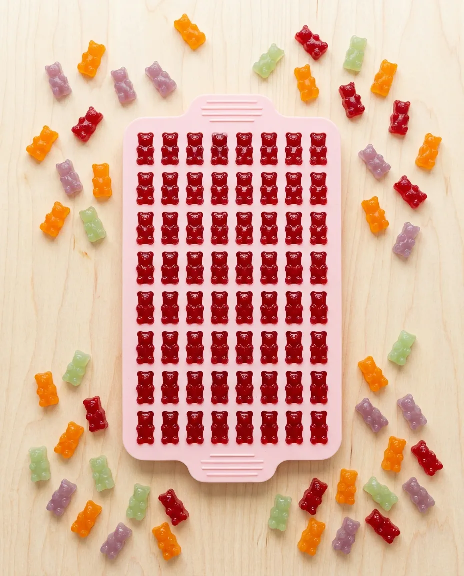 A silicone bear mould filled level with red gummy mixture, finished coloured bears scattered around it