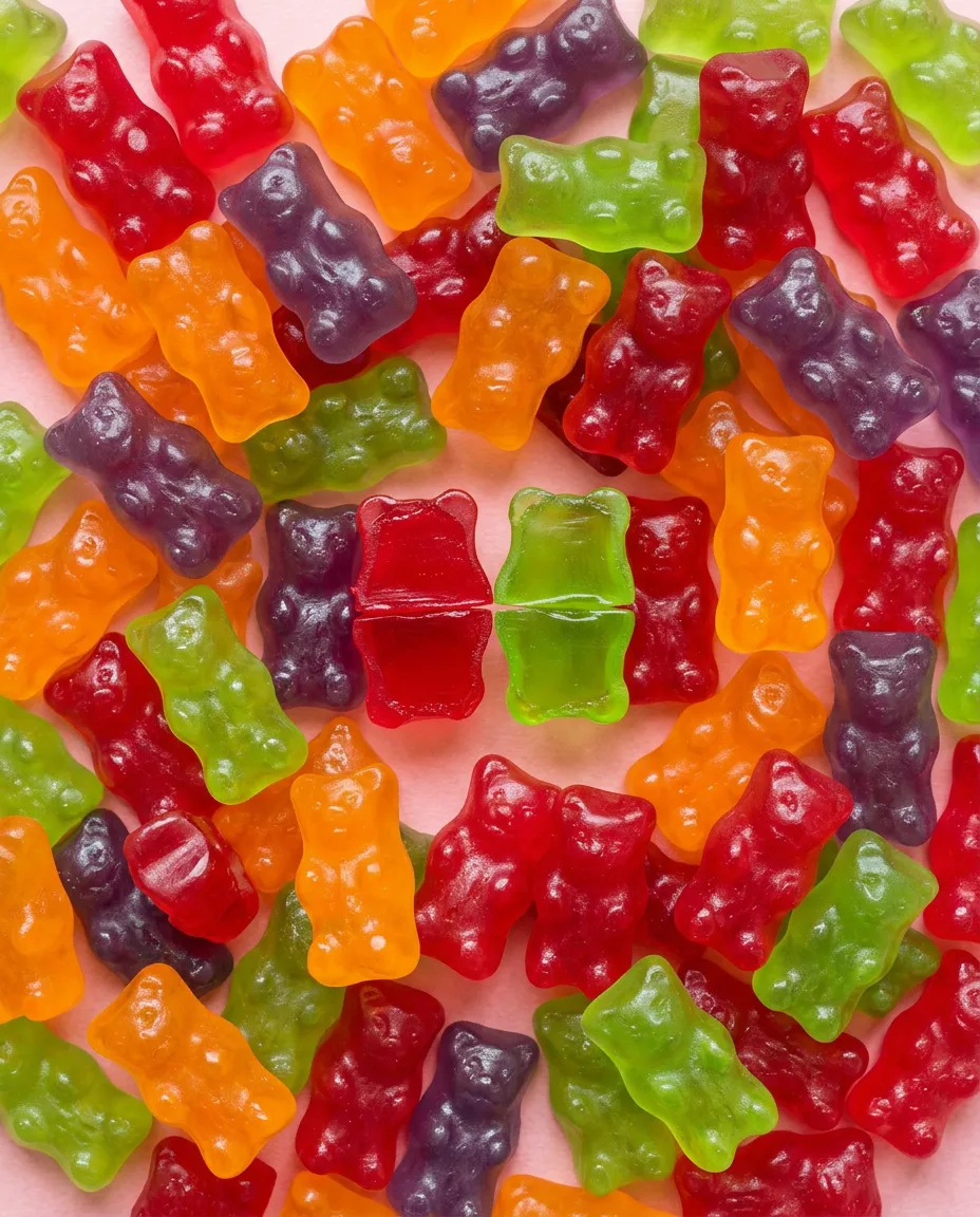 Close view of gummy bears with two cut in half showing a clear interior