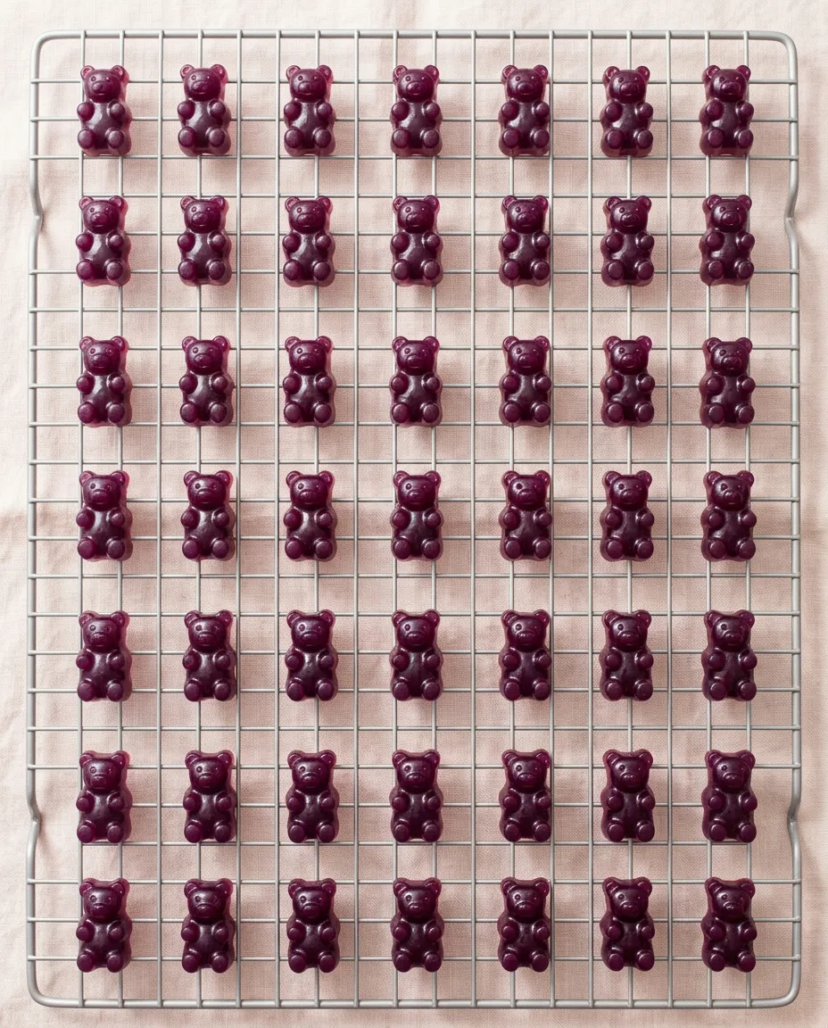 Purple grape gummy bears spaced in even rows on a wire cooling rack over light linen