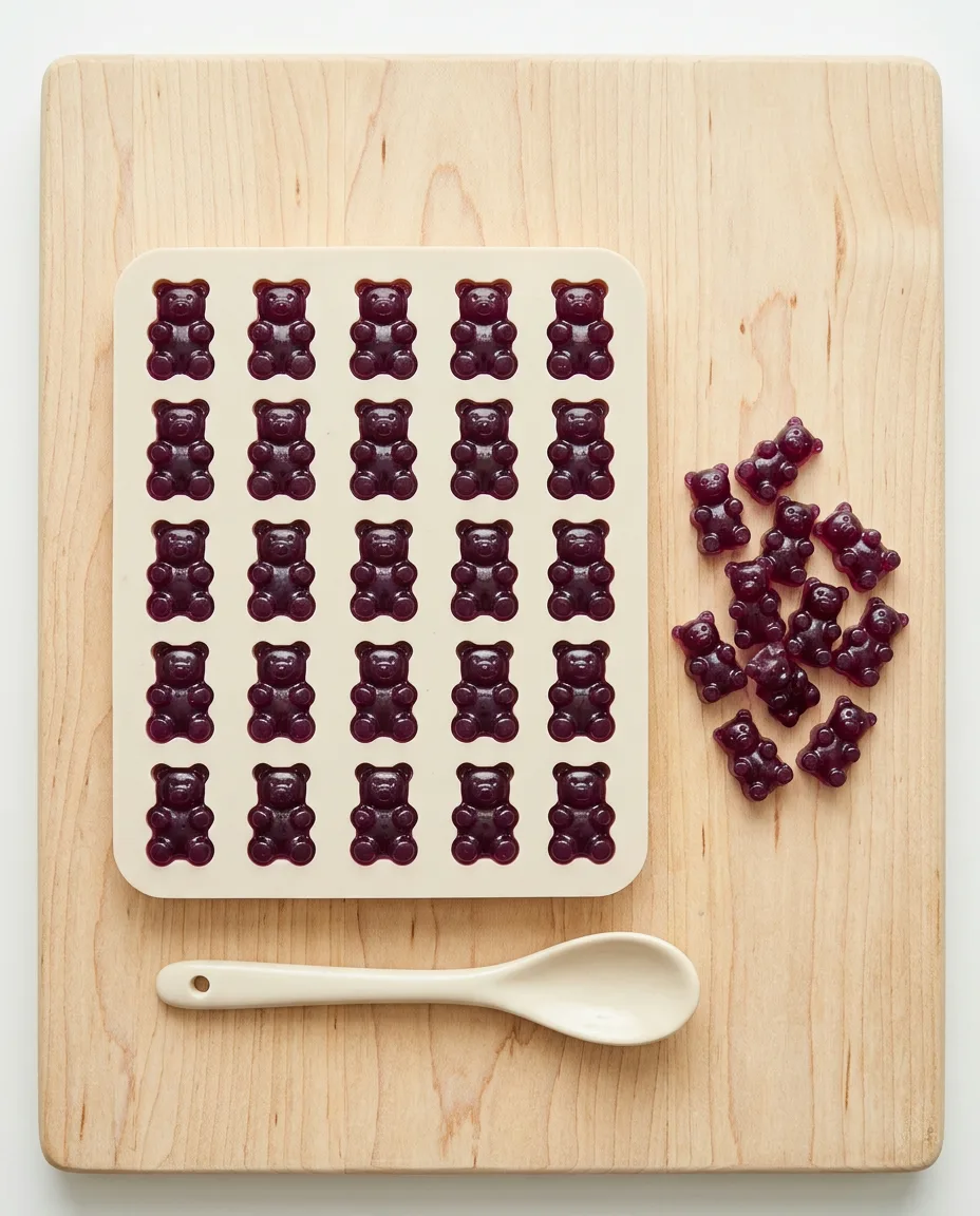 A cream silicone bear mould with every cavity filled with set purple gummy, turned-out bears beside it