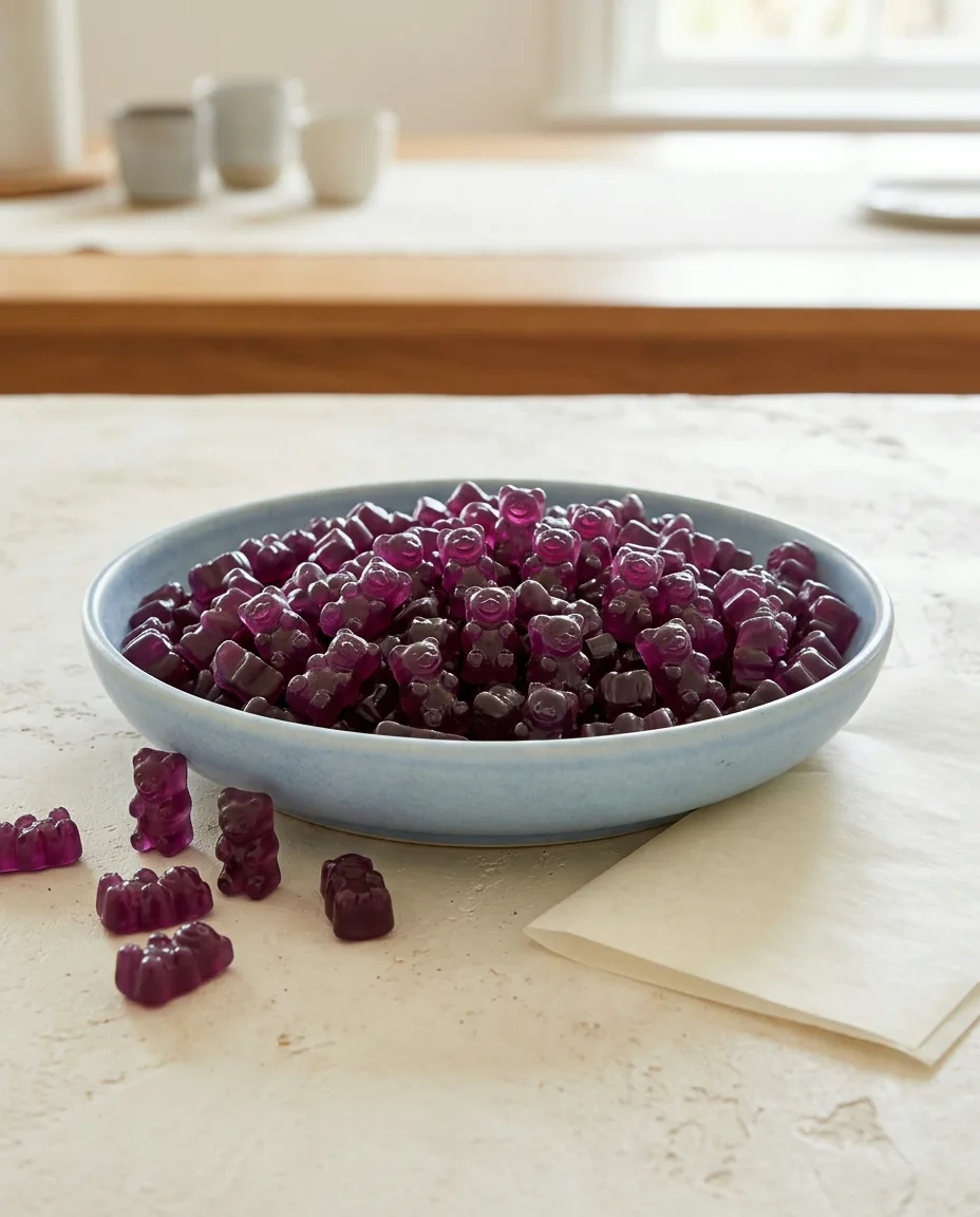Purple grape gummy bears heaped in a shallow pale blue ceramic dish with a folded square of baking paper