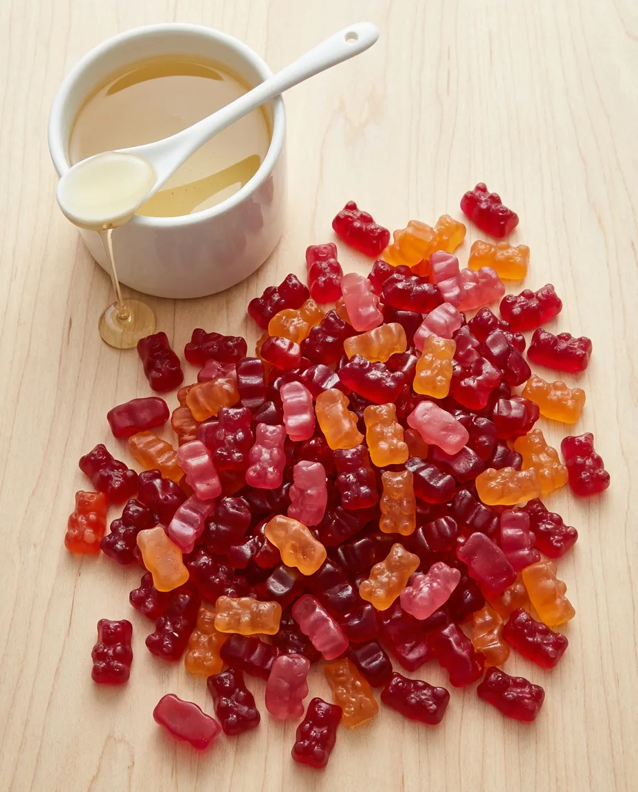 A small white pot of pale golden invert sugar syrup beside a heap of red and pink gummy bears