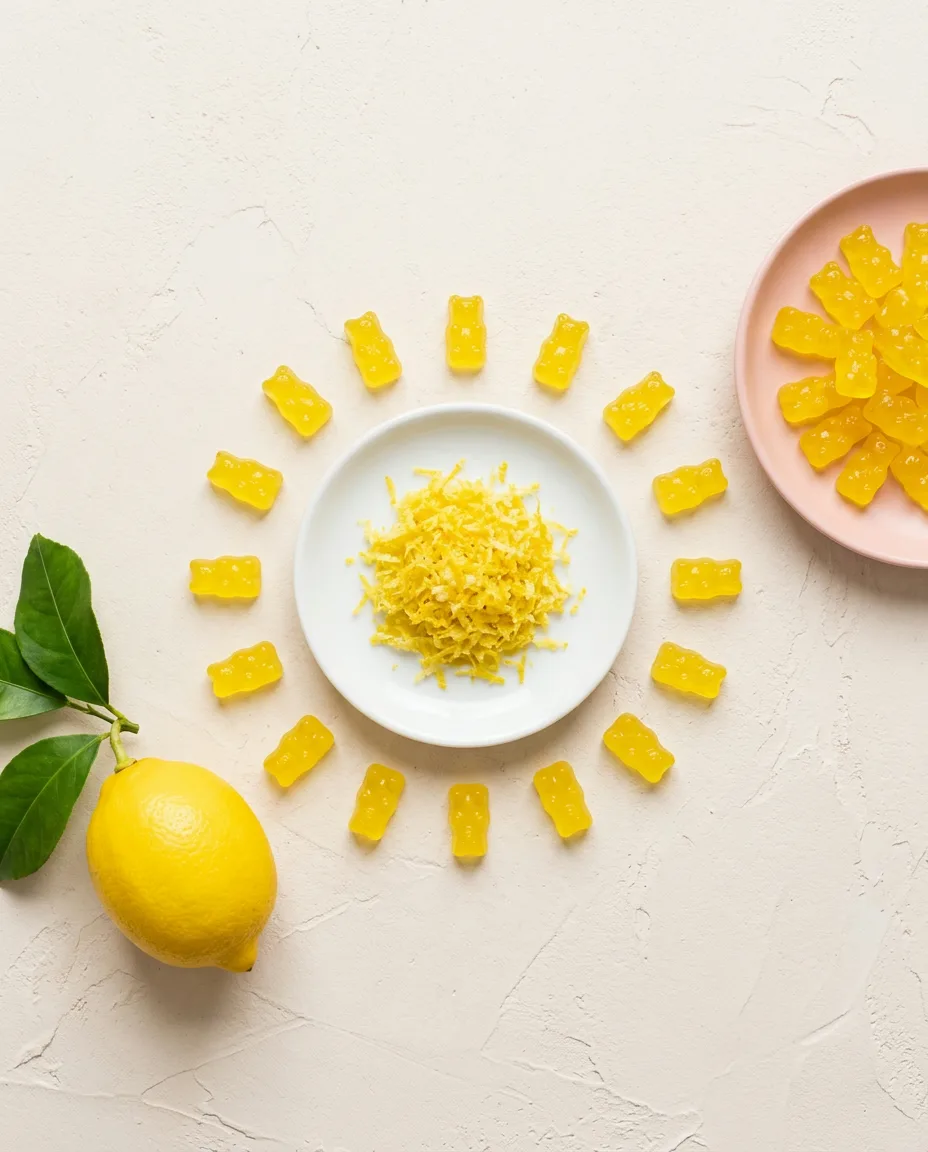 Freshly grated lemon zest on a white saucer ringed by yellow gummy bears