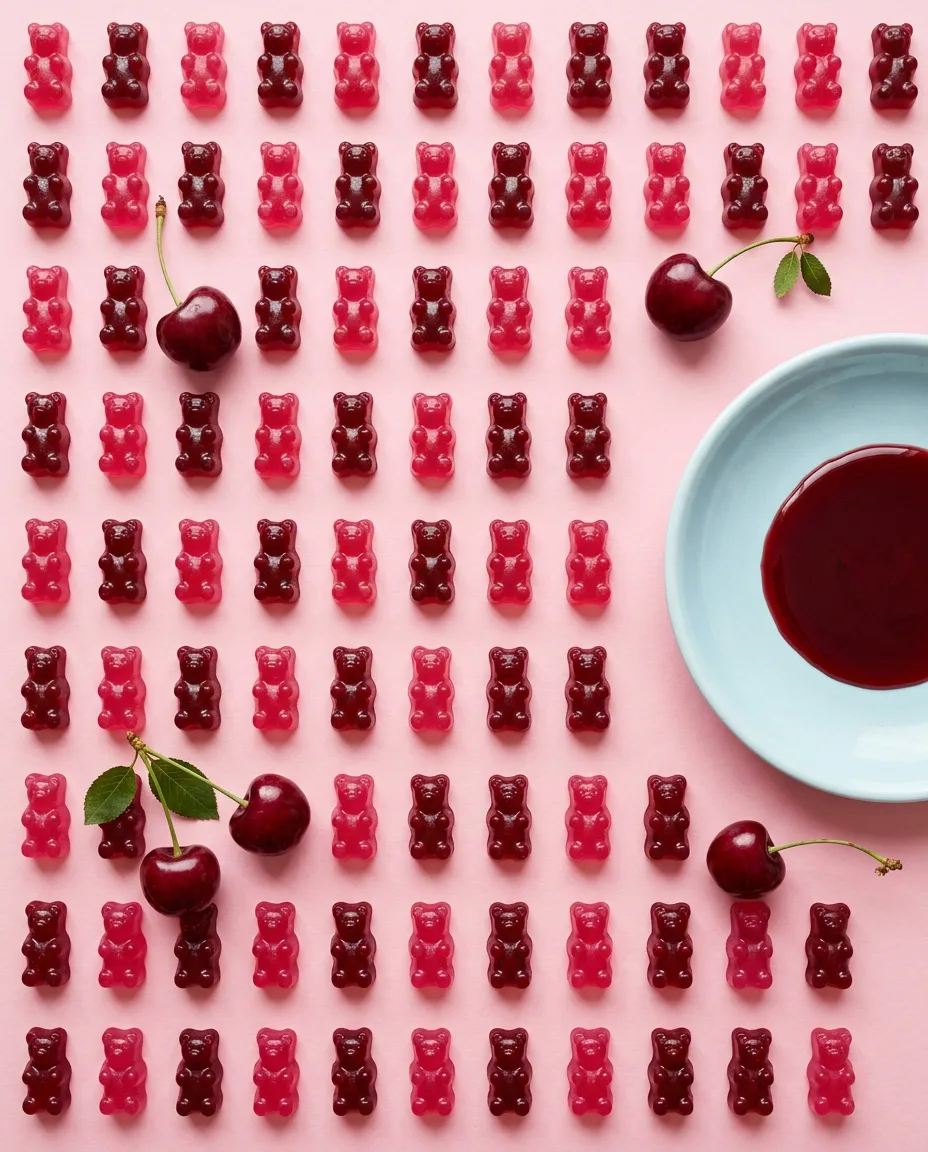 A shallow dish of thick reduced cherry juice beside rows of deep red gummy bears and fresh cherries