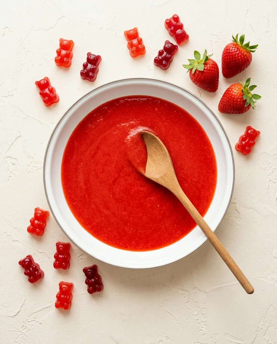 A wide white enamel pan of bright red strawberry puree with red gummy bears scattered around it
