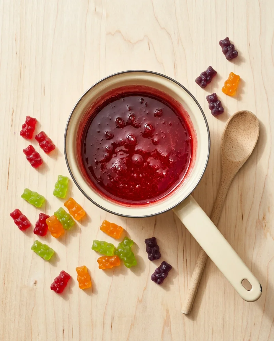 A small cream pan of deep red fruit syrup surrounded by colourful gummy bears