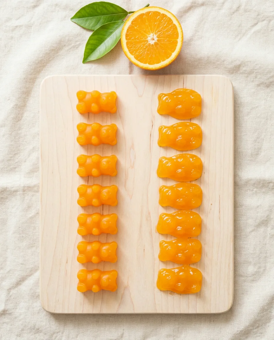 A row of sharp-eared orange gummy bears next to a row of slumped soft ones on a pale board