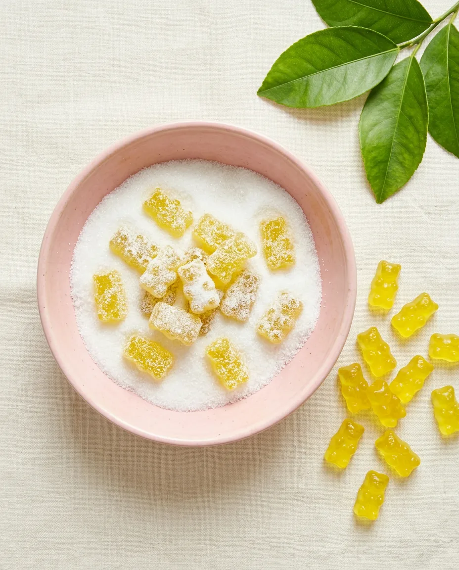 Yellow gummy bears tossed through white sour sugar in a pink bowl, some frosted and some still glossy
