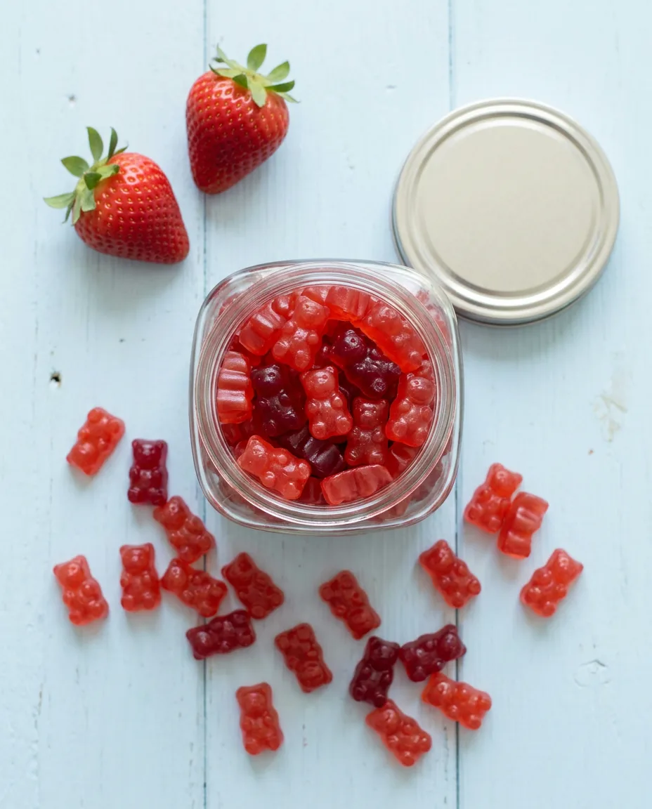 A squat glass jar packed with red strawberry gummy bears on a pale blue wooden surface