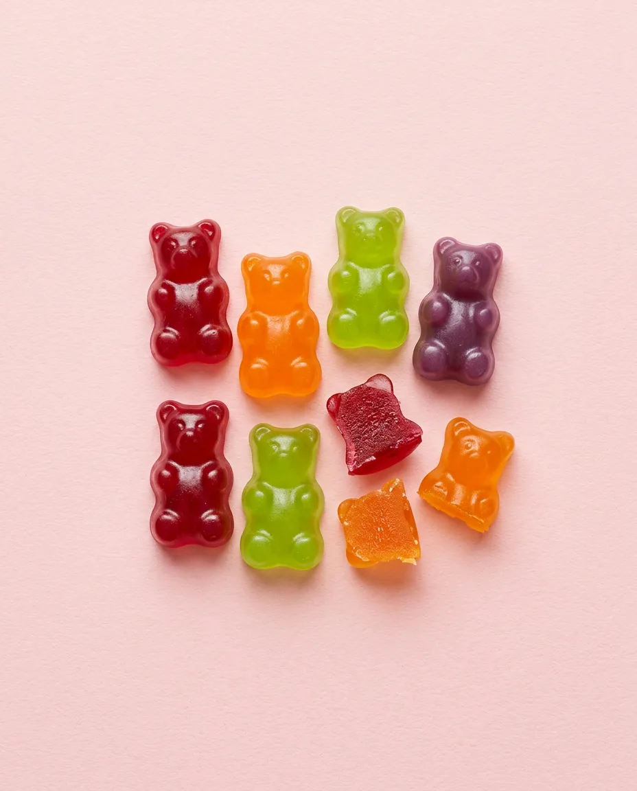 Gummy bears with two torn in half to show the dense chewy interior